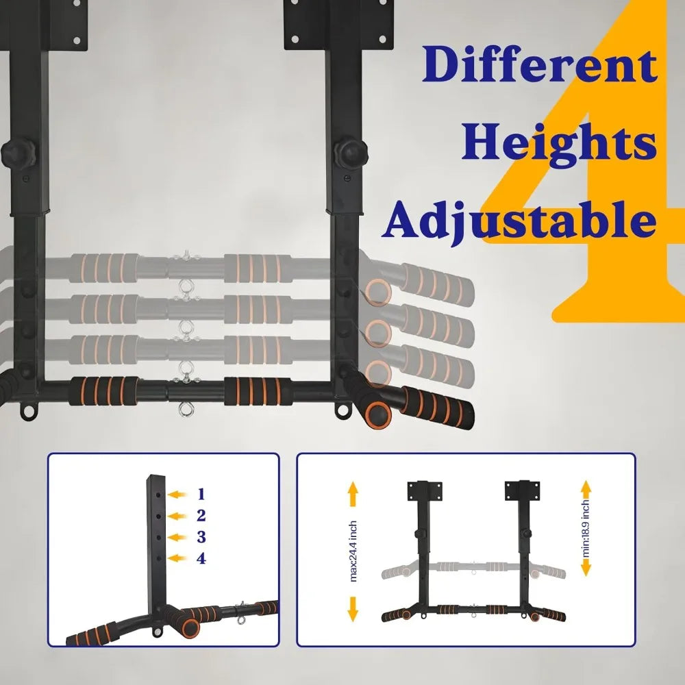 Wall Mounted Pull Up Bar Multifunctional Dip Station for Home Gym, Adjustable Height, Supports 440 Lbs Indoor Workout Equipment