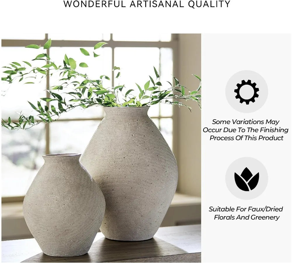 Modern Distressed Polyresin Vase, Antique Tan, Ribbed Texture for Home Decor Centerpiece