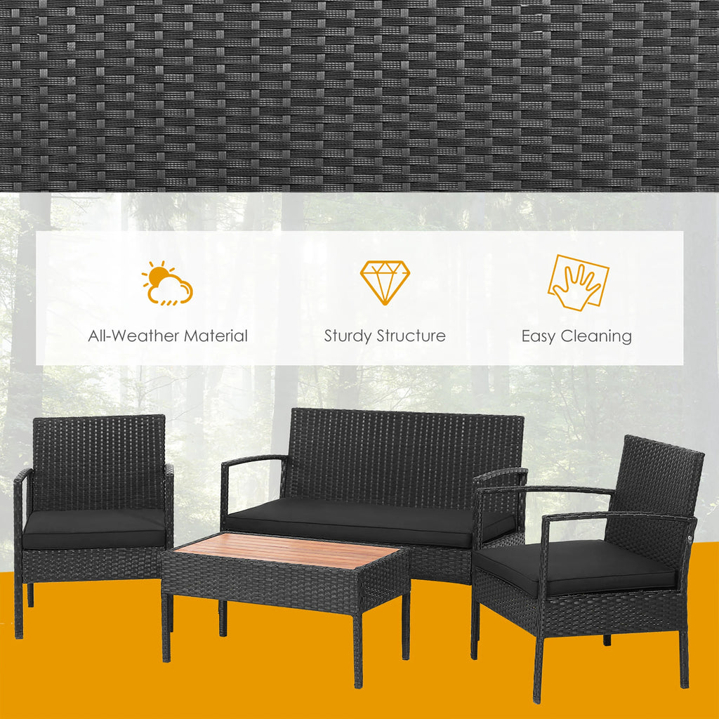 4PCS Patio Rattan Furniture Set Cushioned Chair Wooden Tabletop Black