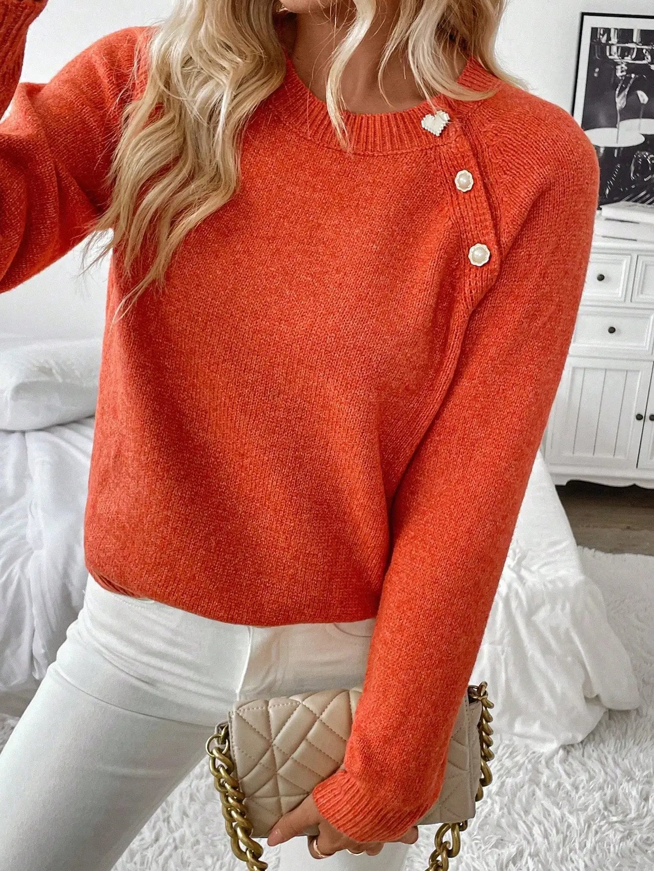 Orange Long Sleeve Knit Pullover with Pearl Buttons and Heart Detail, Fall Winter Basic Sweater