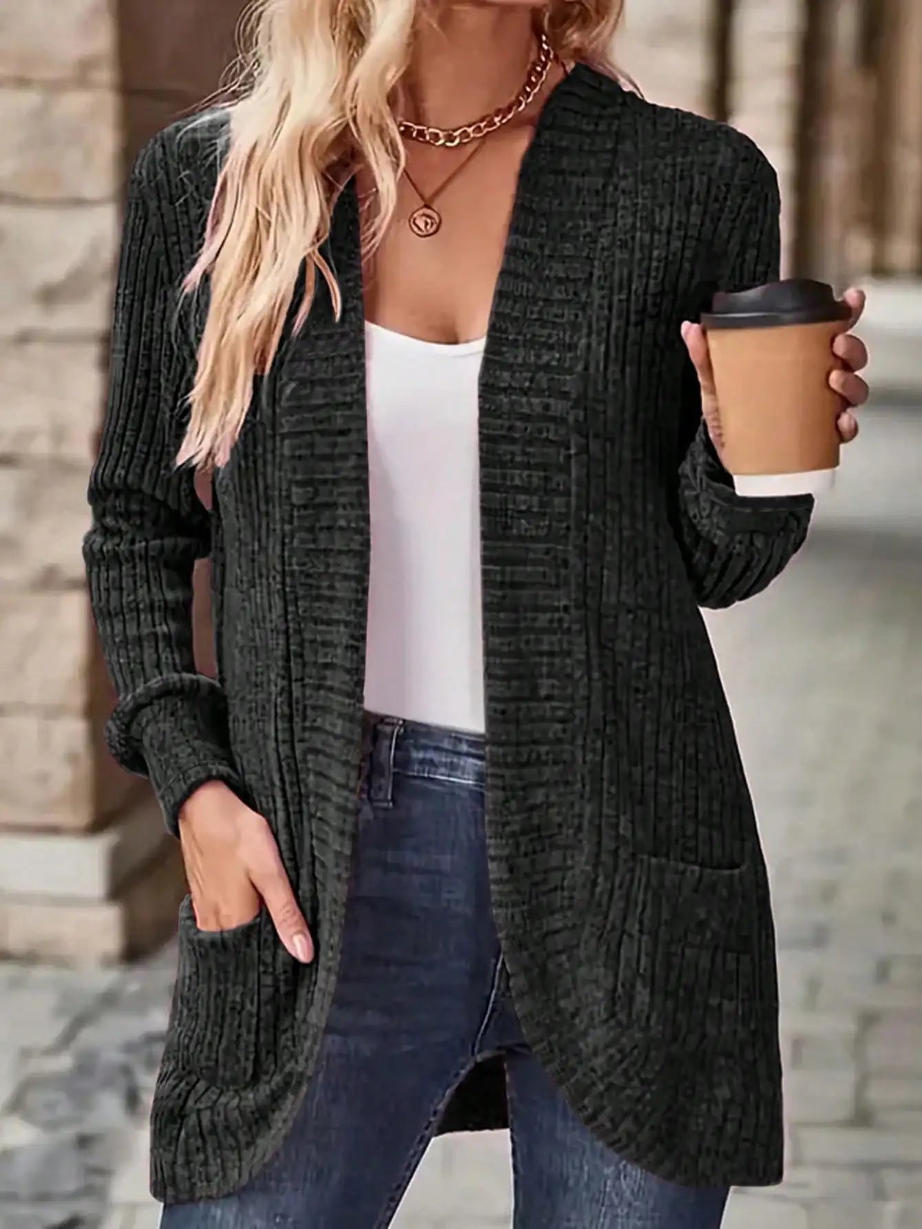 Women's Chunky Knit Long Sleeve Solid Color Double Pocket Regular Fit Casual Outerwear Fall Winter Cloth For Women