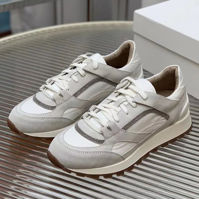 Spring Autumn Sneakers Women Lace Up Round Toe Flat Shoes Lady Suede Leather Patchwork Casual Comfort Outdoor Sports Shoes Woman