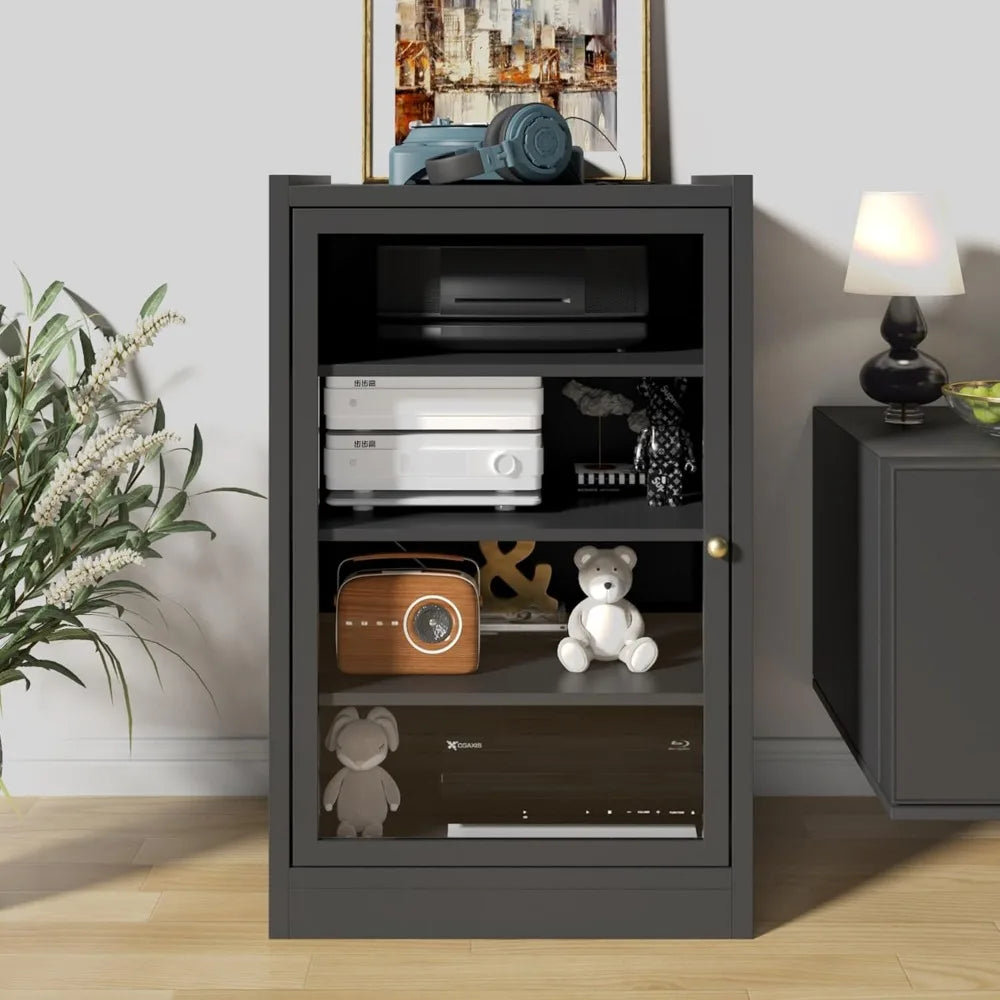 Media Cabinet with Door, Black 5-Tier Stereo Cabinet with Adjustable Shelves, AV Media Storage Shelf with Cable Management, Aud