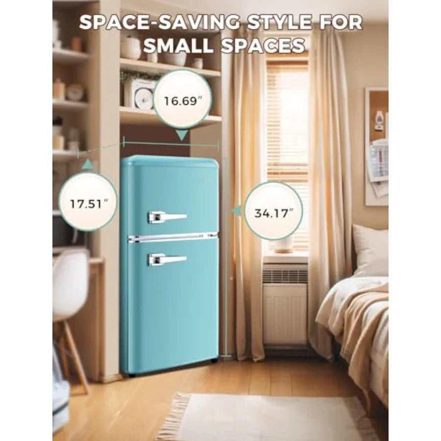 3.2 Cu.Ft Retro Double Door Refrigerator with Freezer for Dorm Office Bedroom Apartment 7 Adjustable Temperature Settings Remov