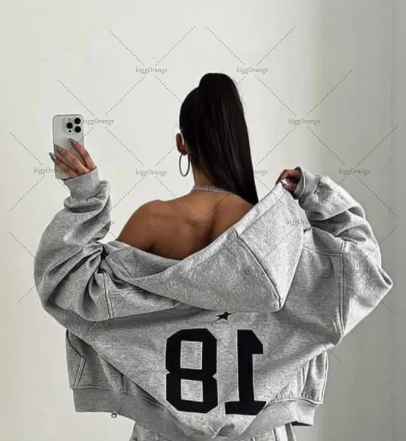 Gray High Street Retro Y2k Sports Suit for Women Striped Embroidered Multi-pocket Zipper Hoodie Men Casual Fashion Floor Pants