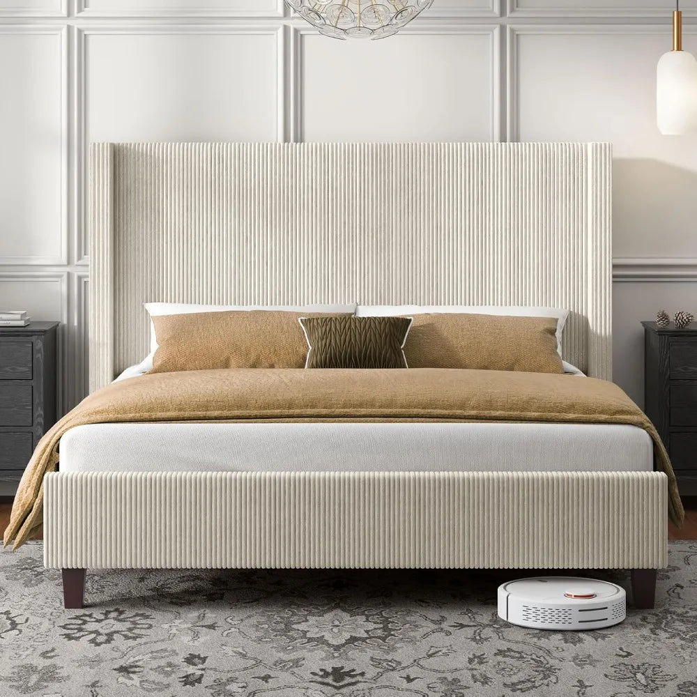 King Size Upholstered Platform Bed Frame, Wingback Bed with 50.8 Headboard, Corduroy/Solid Wood Leg/No Box Spring Needed/No
