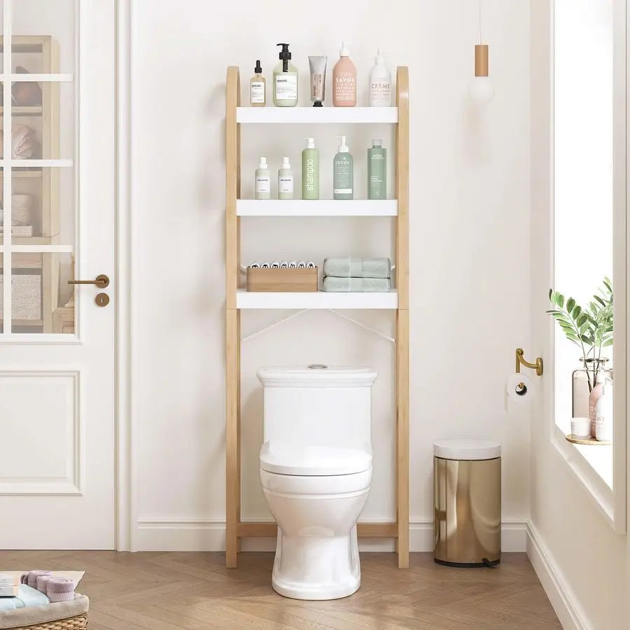 Over The Toilet Storage Shelf, 3Tier Over Toilet Bathroom Organizer, SpaceSaving Above Toilet Storage Shelf Rack with Bamboo Fra
