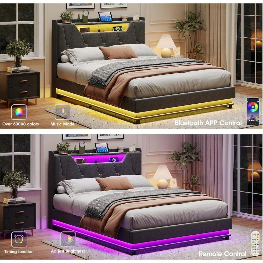 Queen Size Lift Storage Bed Frame with Upholstered Headboard, Charging Station, LED Lights, and Platform Design