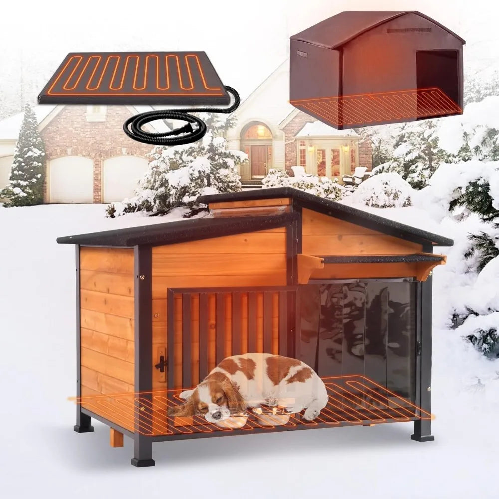 Heated Dog House Outdoor, Insulated Dog Kennel with Heating Pad for Winter,Weatherproof Dog Shelter with Anti-Chewing Metal
