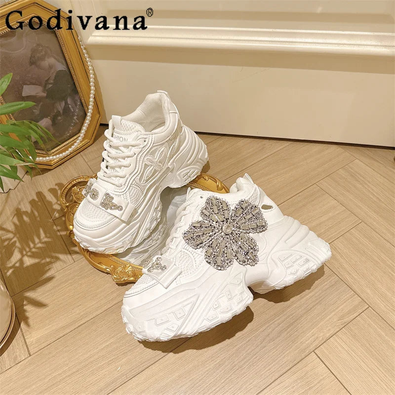 Thick Soled Mesh Rhinestone Chunky Sneakers for Women New Lace Up Height Increasing Shoes Female Japanese Style Casual Sneakers