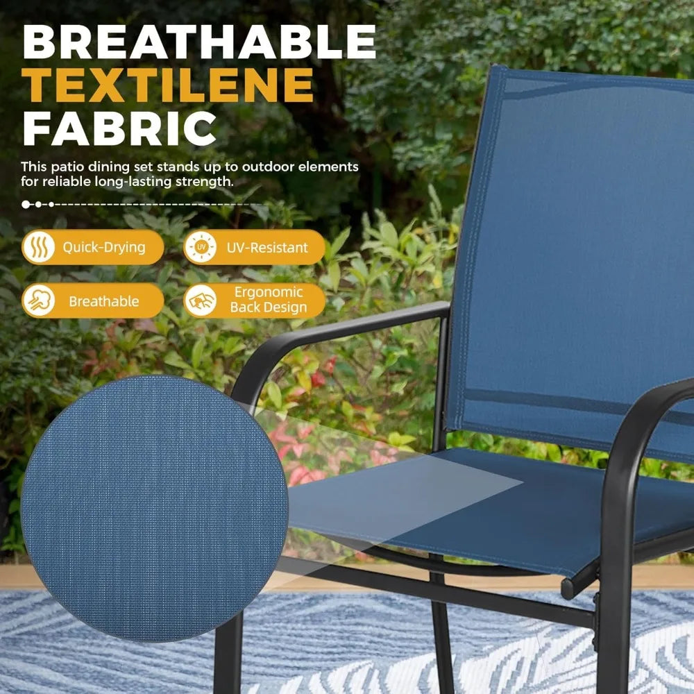 8 Pieces Patio Dining Set with Sky Blue Umbrella, Outdoor Dining Set of 6 Textilene Chairs and Rectangle Table with Umbrella Ho