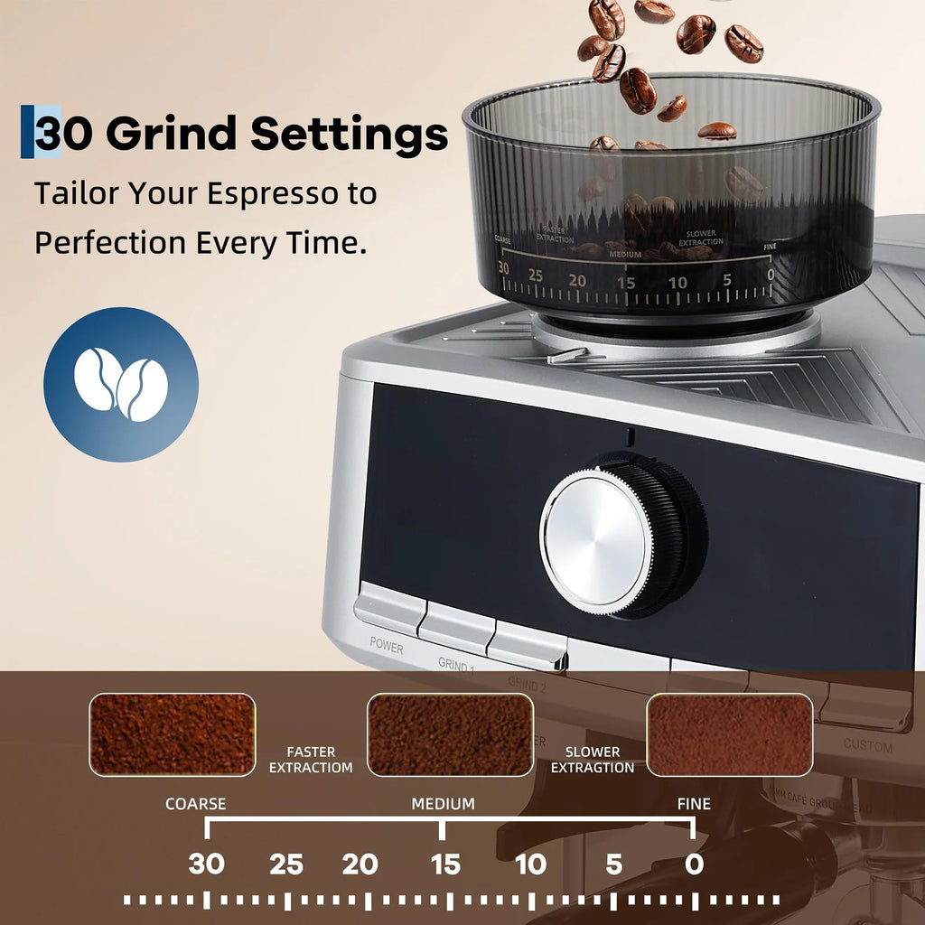 20-Bar Stainless Steel Espresso Machine With 30-Setting Grinder & Milk Frother 1.5L Removable Tank Adjustable Shot Volume