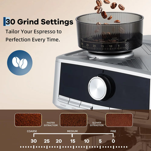 20-Bar Stainless Steel Espresso Machine With 30-Setting Grinder & Milk Frother 1.5L Removable Tank Adjustable Shot Volume