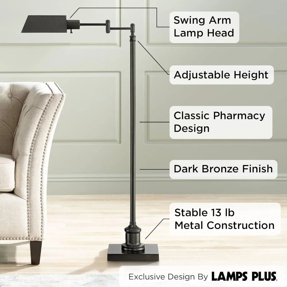 Adjustable Traditional Farmhouse Pharmacy Floor Lamp with Swing Arm, 54 Tall, Dark Bronze Metal Base, Bright Illumination