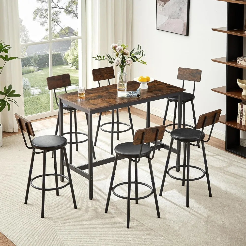 bar table and chairs set for 6, 7 pieces pub bistro table with 6 pu upholstered bar stools, 42" high top table set for restauran