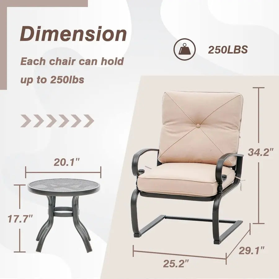 Outdoor Bistro Set 3Piece Spring Metal Lounge Cushioned Chairs and Bistro Table Set Wrought Iron Cafe Furniture Seat, Brown