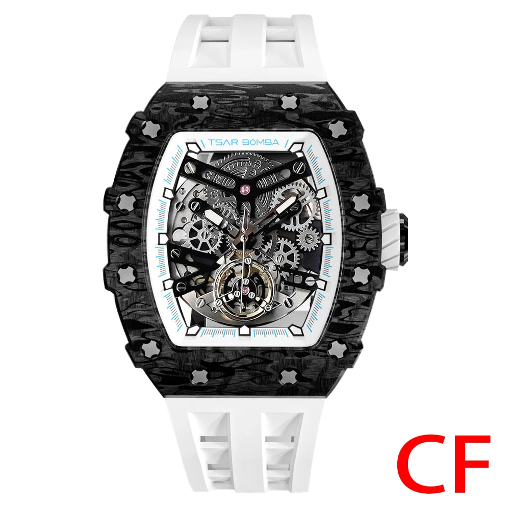 TSAR BOMBA Top Brand Mens Automatic Watches Skeleton Mechanical Clock Waterproof Luxury Fashion WristWatch for Men Carbon Fiber