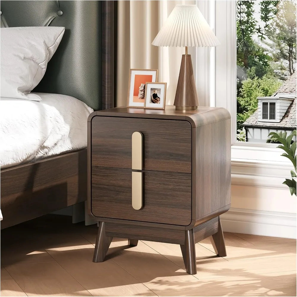 Pair of Mid-Century Modern Nightstands with Drawers, Metal Handles, and Curved Brown Profiles for Storage