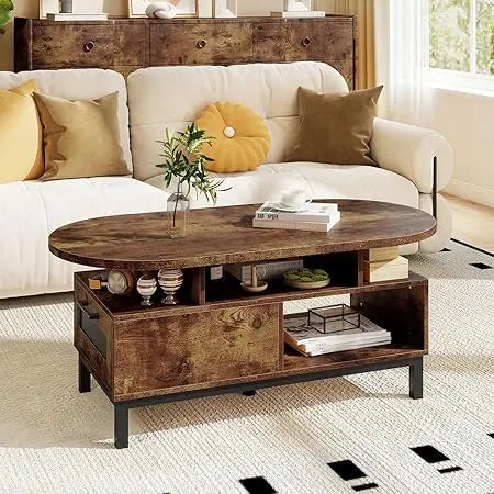 Oval Wood Coffee Table with Storage and Drawer, 47-inch Accent Center Table for Small Spaces