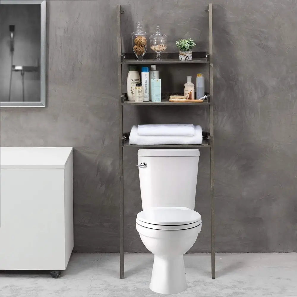 Gray 3-Tier Wooden Bathroom Ladder Shelf - Over-the-Toilet Storage Organizer