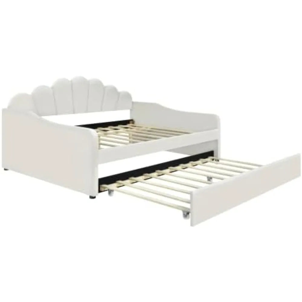 Bellemave Full Size Daybed Frame with Trundle Bed, Velvet Upholstered Daybed with Shall Shaped Backrest, Perfect for Living Room