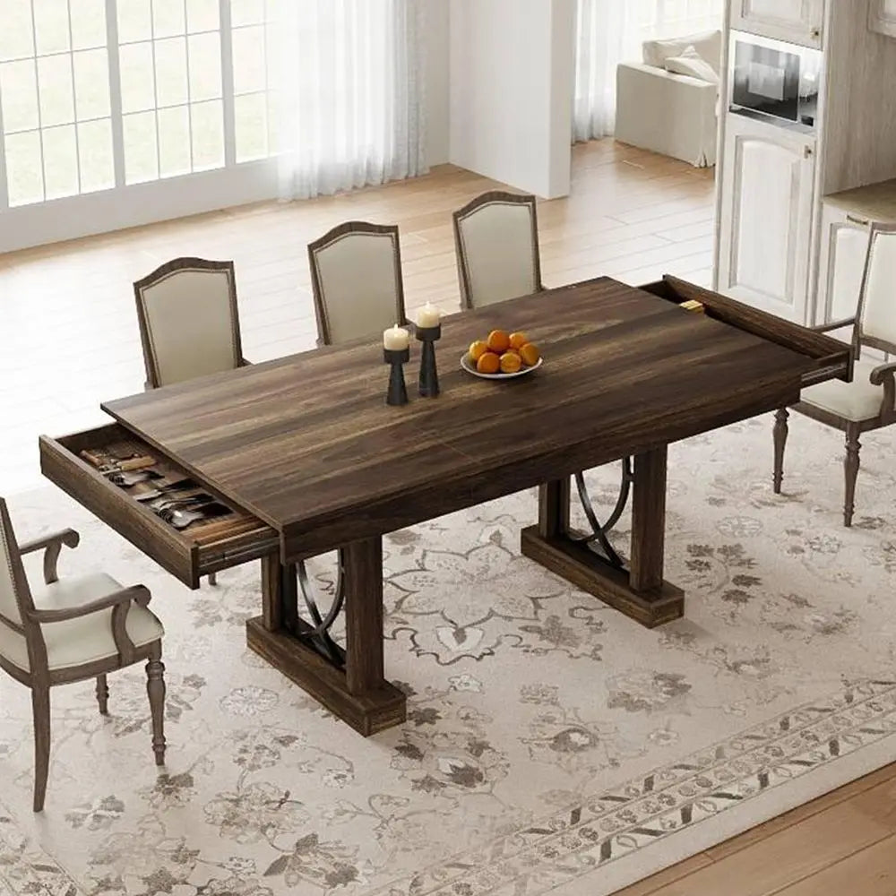 Rectangular Wooden Dining Table for 6-8, Large Kitchen Table with Double Pedestal Base, Sturdy Frame, 71-Inch, Suitable for Dinn