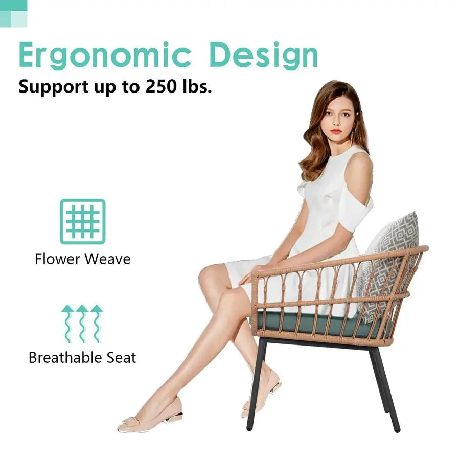 3 Piece Patio Furniture Outdoor Conversation Bistro Set with Tempered Coffee Table and Wicker Chairs for Garden Balcony Backyar