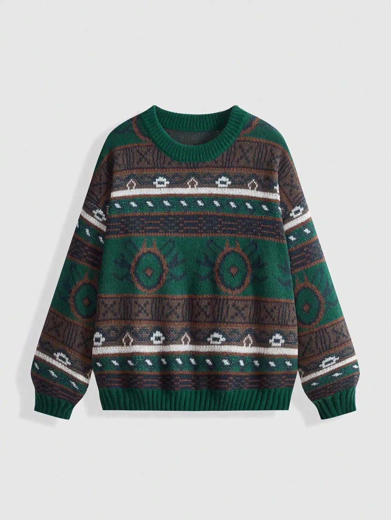 Boho Geo Pattern Drop Shoulder Knit Sweater for Women, Long Sleeve Fall Winter Top