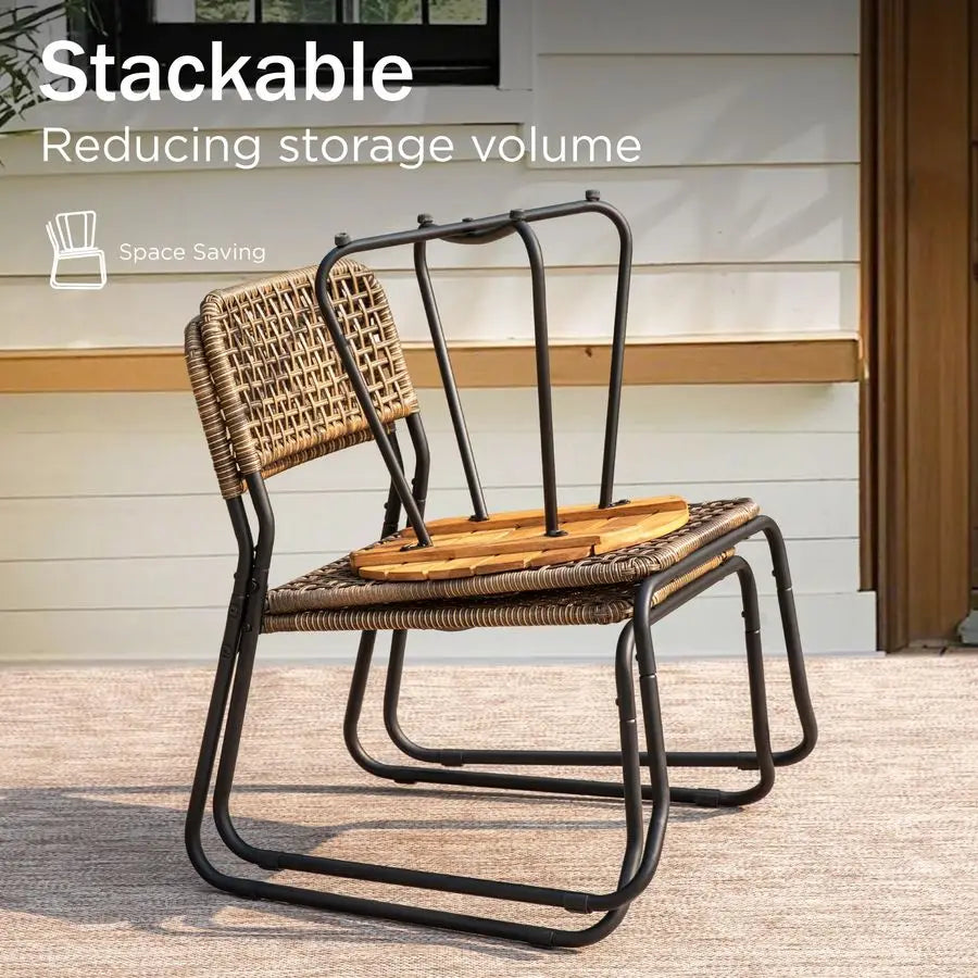 3 Pieces Outdoor Wicker Bistro Set for 2, Stackable Rattan Chairs amp Acacia Wood Round End Table, Small Teak Conversation Furn