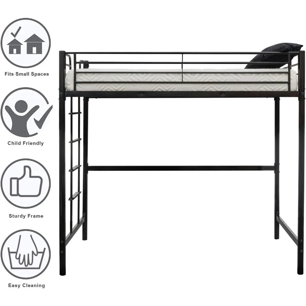 Twin Metal Loft Bed Frame, Space-Saving Design for Kids, Adults, and Teens, Black