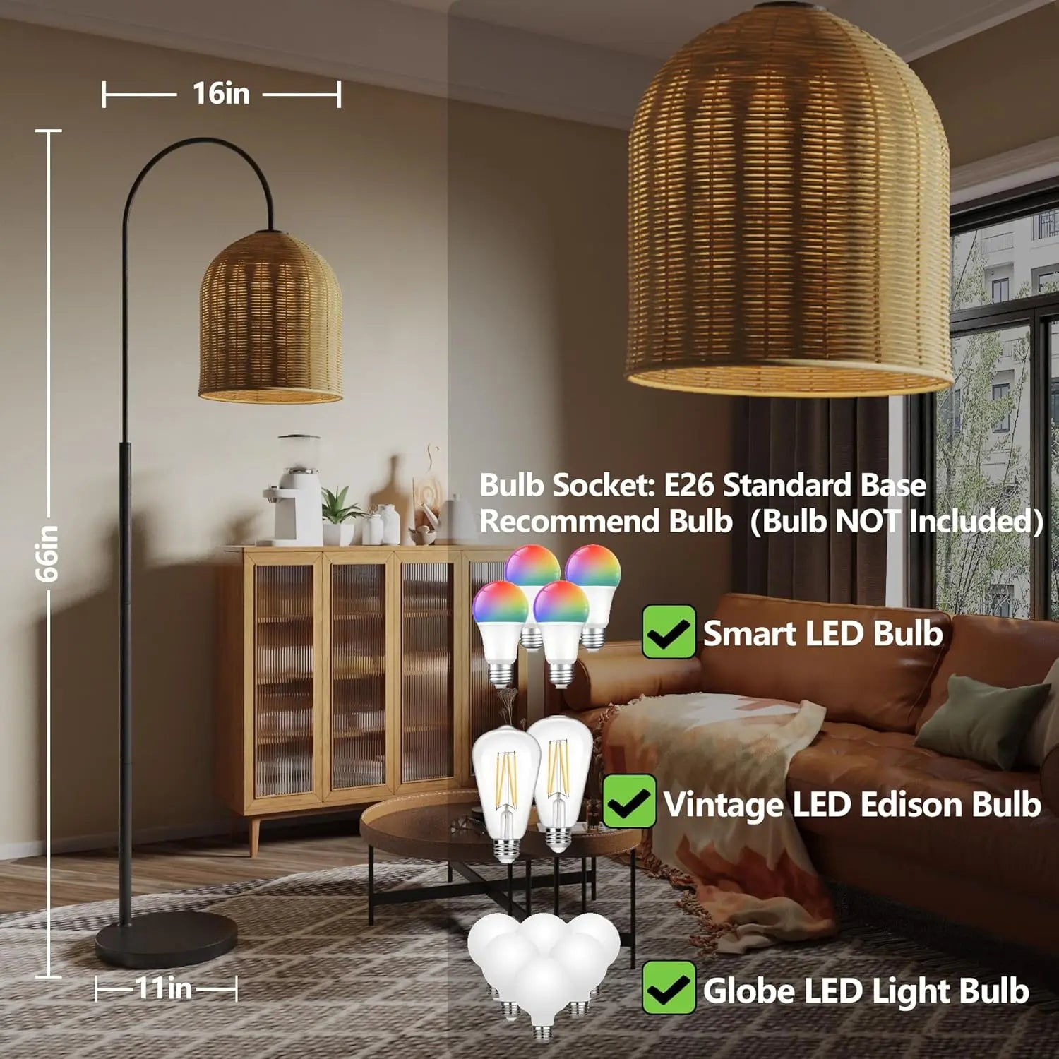 66in Boho Floor Lamp with Rattan Shade, Rustic Arc Standing Lamp for Coastal or Bohemian Decor - Coastal-Black