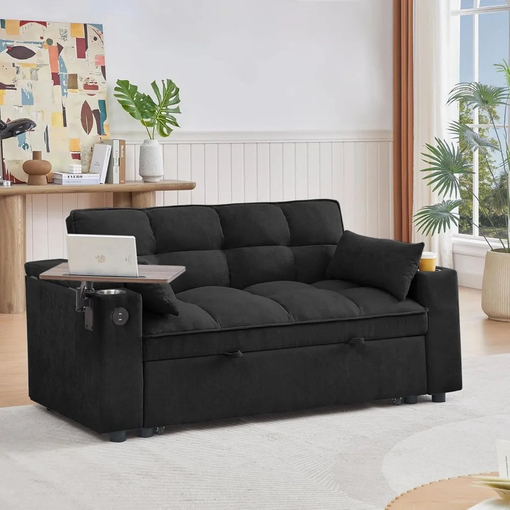 65'' 3-in-1 Folding Convertible Sofa Bed, Pullout Sofa, Modern Chenille Fabric, 360° Swivel Side Table, Easy Assembly,