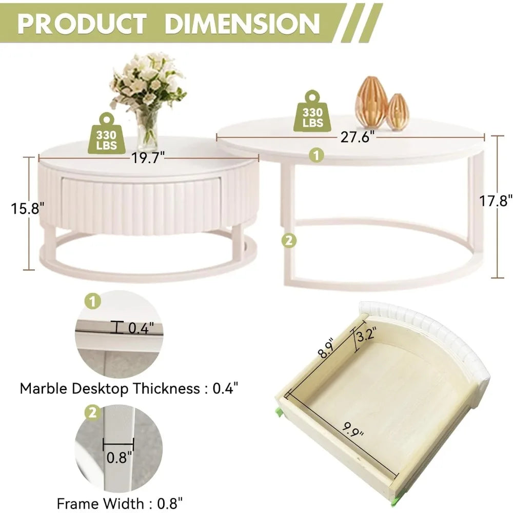 Round Marble Coffee Table with Storage Round Nesting Coffee Table Set of 2 Modern White Coffee Tables for Living Room Coffee Tab
