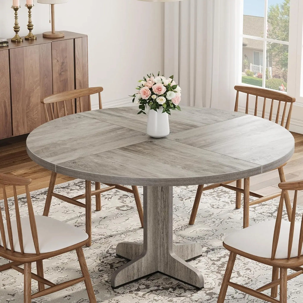 Round Dining Table for 4, 47 Inch Farmhouse Circle Kitchen Table with Wood Tabletop and Stable Base, for Home Dining Room Living