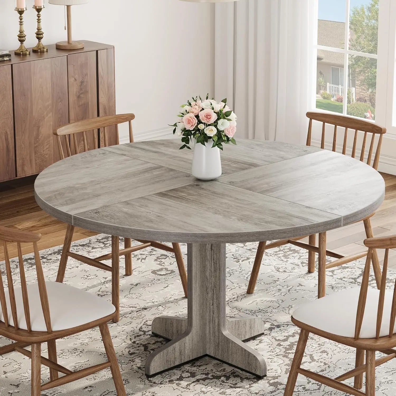 Round Dining Table for 4, 47 Inch Farmhouse Circle Kitchen Table with Wood Tabletop and Stable Base, for Home Dining Room Living