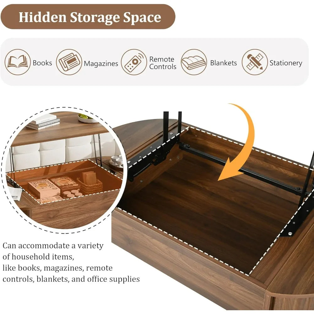 Modern Oval Coffee Table with Lift Top and Hidden Storage, 47.2 Wooden Center Table for Living Room
