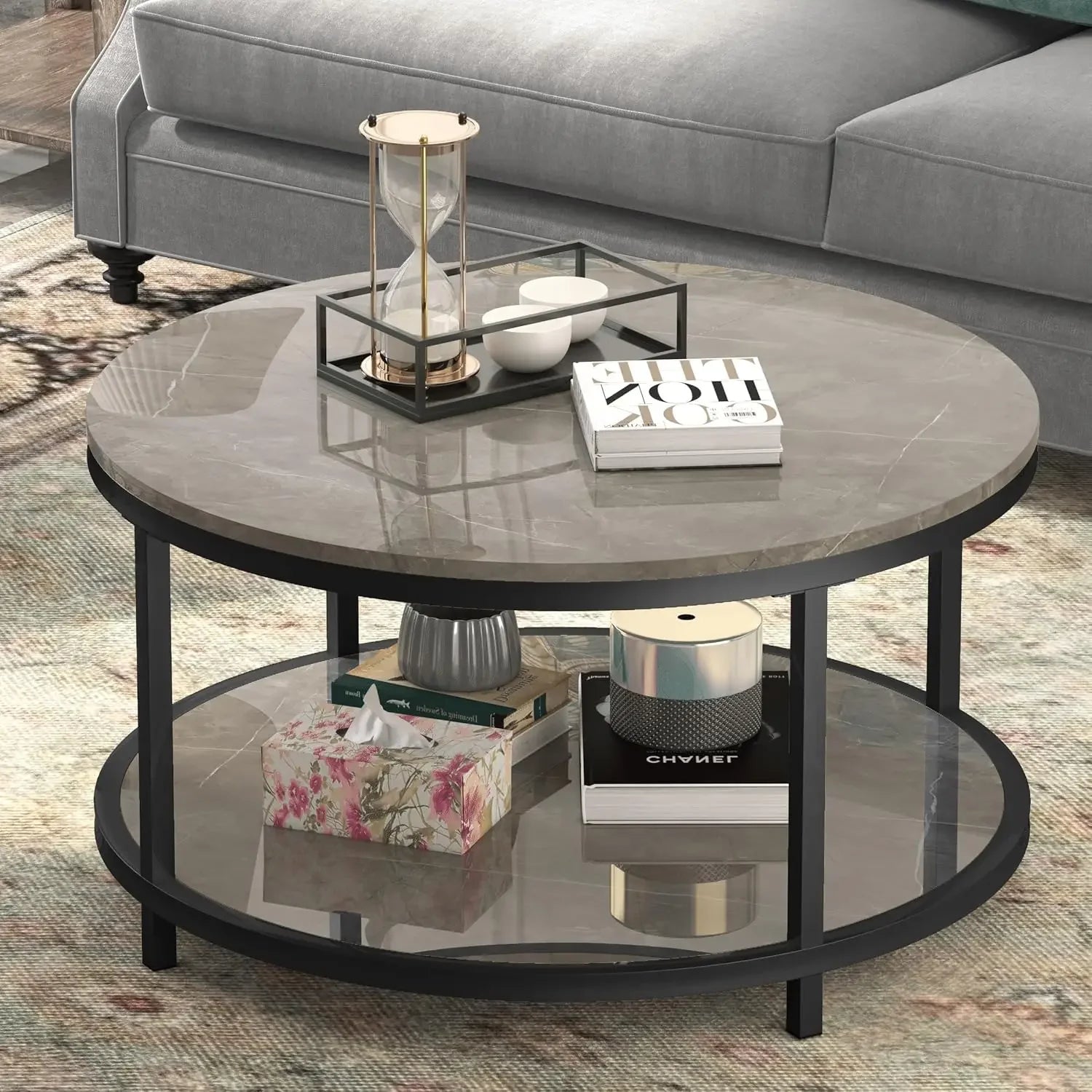 33.5"Round Coffee Table  Coffee Tables Room High Glossy Faux Marble Top Circle Table Sturdy Gold Frame Legs Cocktail Table