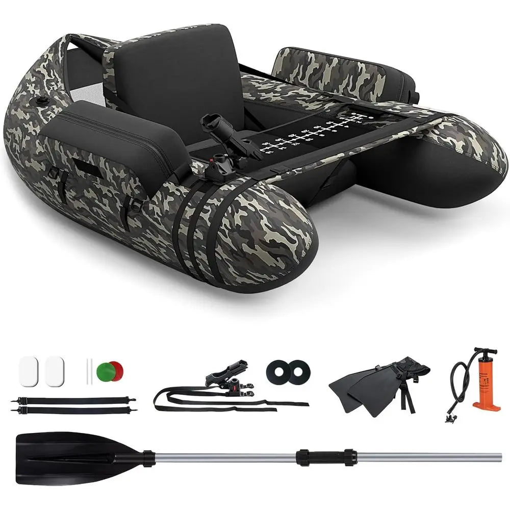 350lbs Inflatable Fishing Boat with Paddle, Pump, Flippers, Fish Hook Stators, Fish Ruler, Storage Pockets, Portable Backpack Be