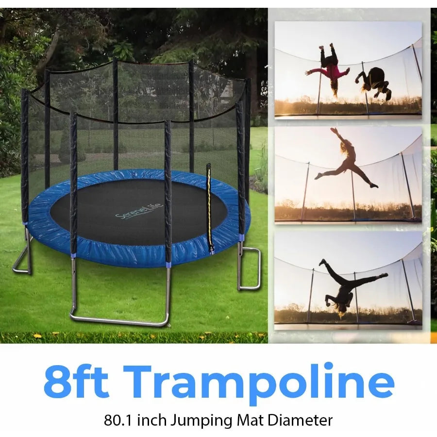 Trampoline Outdoor 8FT with Enclosure Net Ladder and Anti-Rust Coating ASTM Approved Recreational Trampolines Heavy Duty Yard Tr