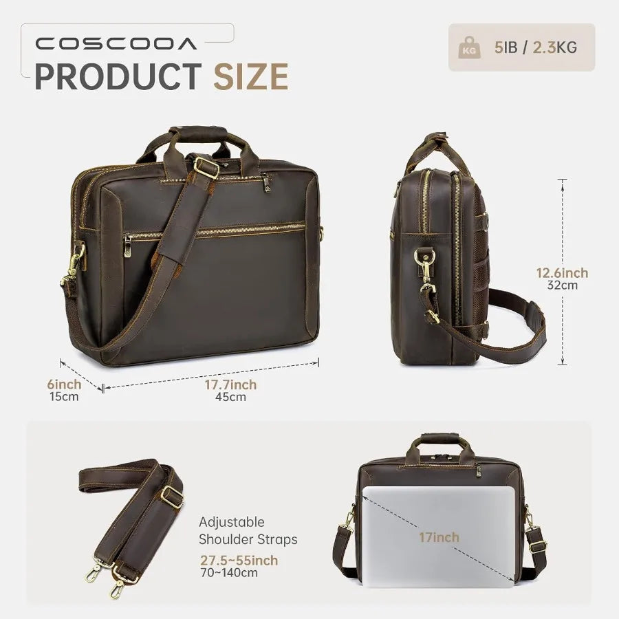 Large Full Grain Leather Briefcase Convertible Backpack For Men Business Travel Case Messenger Bag Fits 17.3" Laptop