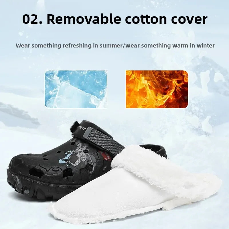 Winter Anti-Slip Fleece Lined Large Size Cotton Slippers Removable Upgraded EVA Clog Shoes for Men Breathable Slip-On Shoes