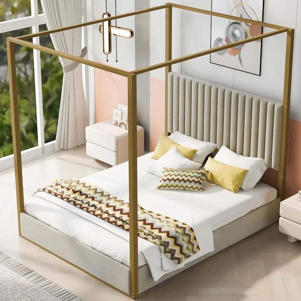 Contemporary Queen Upholstered Canopy Bed with Headboard and Metal Low Profile Platform