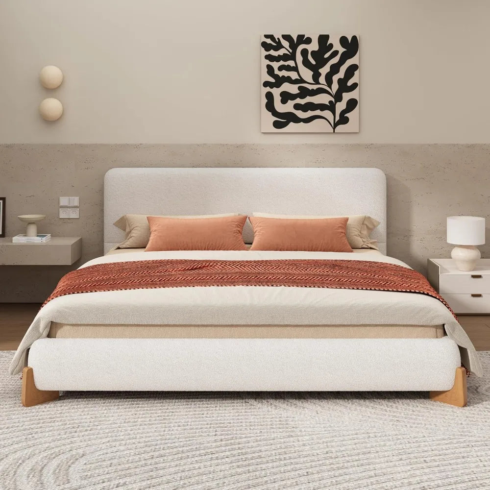 Merax King Bed Frame and Headboard, Boucle Upholstered Bed Platform Bedframe, No Box Spring Required, Noise Free, White