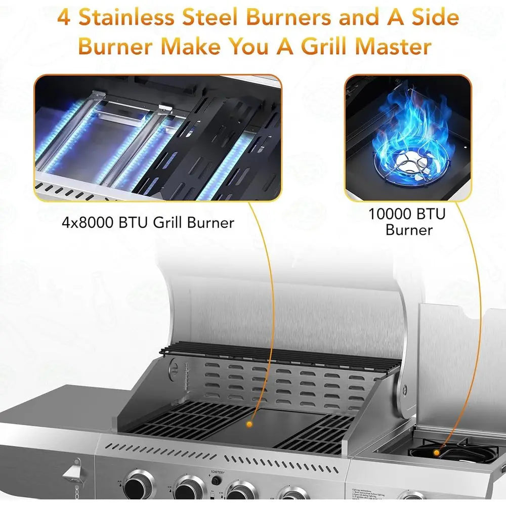 Pro BBQ Grill, Heavy-Duty Stainless Steel Gas Grill, 4 Burner Gas Grill with Side Burner, 42000 BTU Propane Grill for Outdoor Co