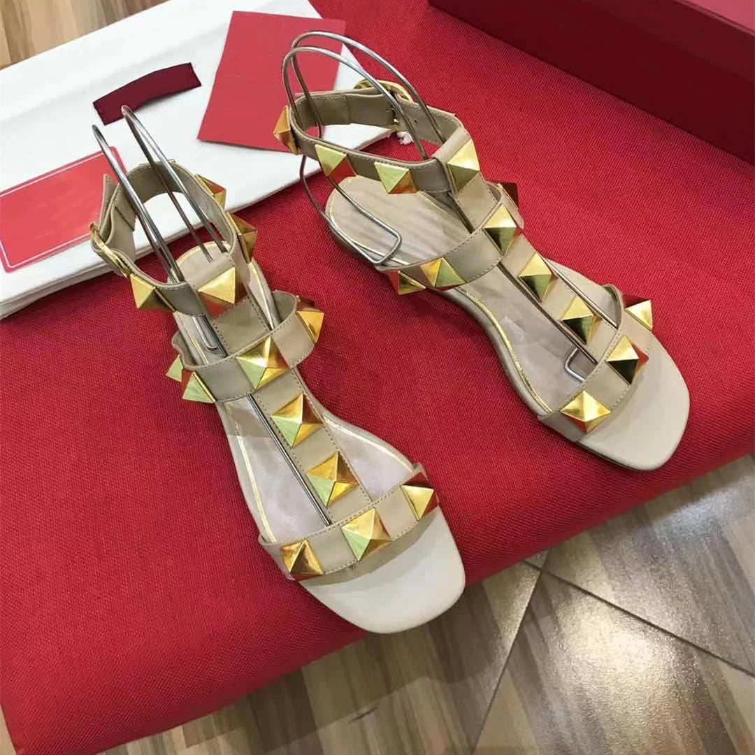 SHIYUNJIN Shoes Women Size35-42 Genuine Leather Sandals Rivet Pumps Summer Leisure Flats Buckle Strap Designer Shoes Zapatillas