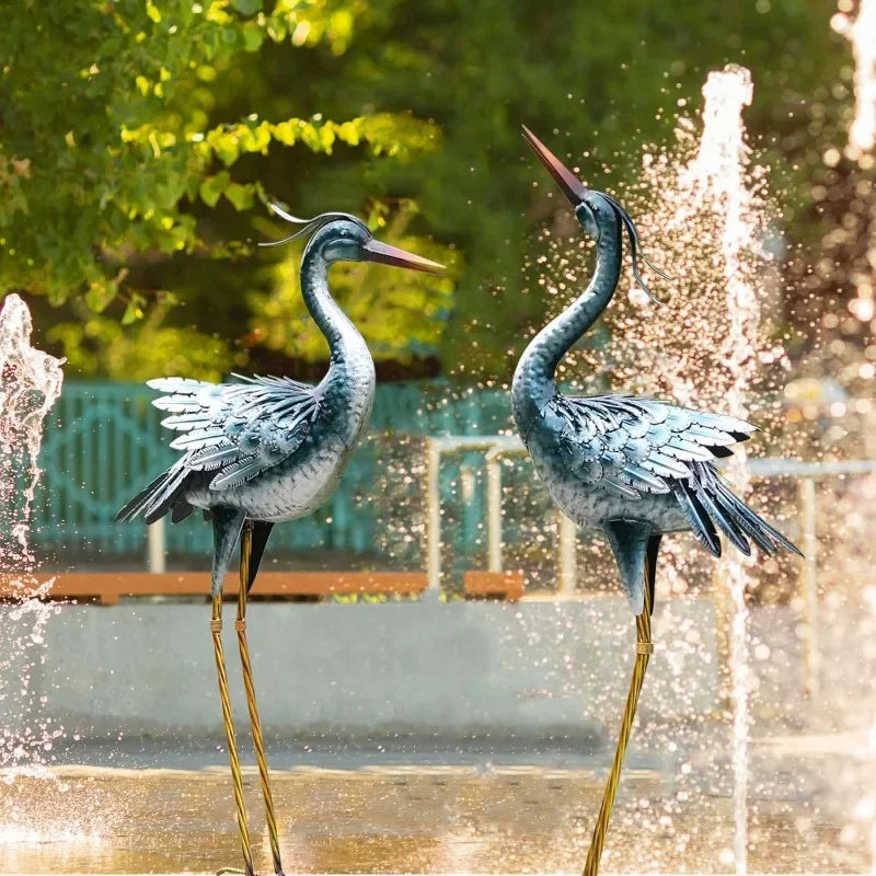 Outdoor Heron Sculpture Set of 2, Large Metal Crane Statues for Lawn & Garden Art