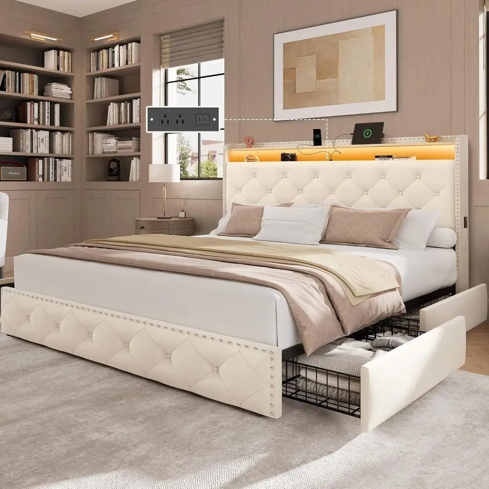 Queen LED Bed Frame with Storage Headboard and USB Charging Station, Velvet Upholstered Platform Bed Frame with 4 ，Customized