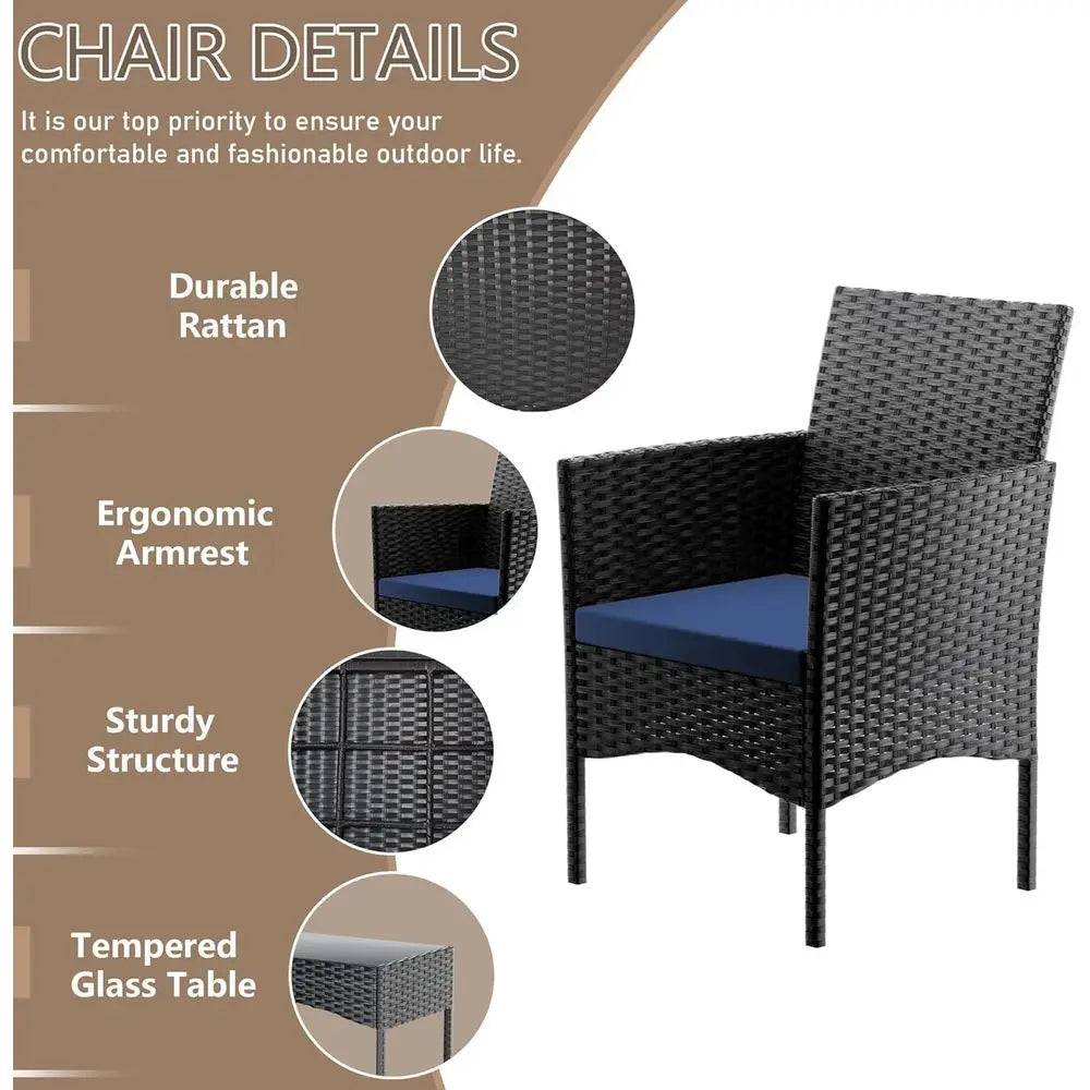 Dark Blue Outdoor Patio Conversation Set: 4-Piece Rattan Wicker Furniture with Sofa, Chairs & Glass Table for Garden, Poolside,