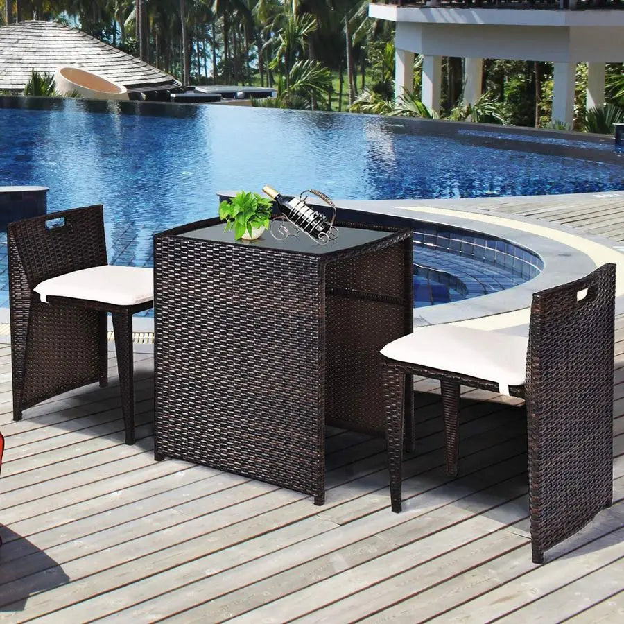 3 Piece Outdoor Rattan Dining Set, No Assembly Patio Bistro Set with Tempered Glass Table, Space Saving Patio Wicker Cushioned