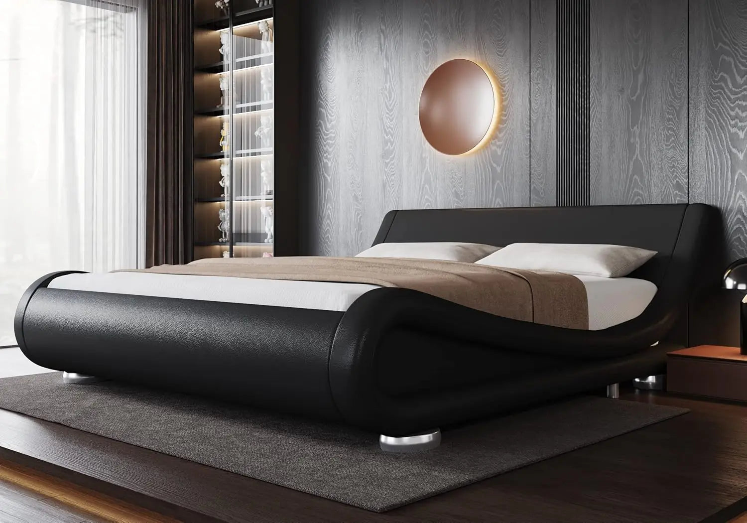 Large bed frame, ergonomic, adjustable headboard, low profile modern cushioned platform sled design - easy to assemble, black